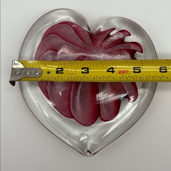 Signed Heart-Shaped Murano-Style Art Glass Paperweight Red and Pink Flower 6” - Picture 6 of 7